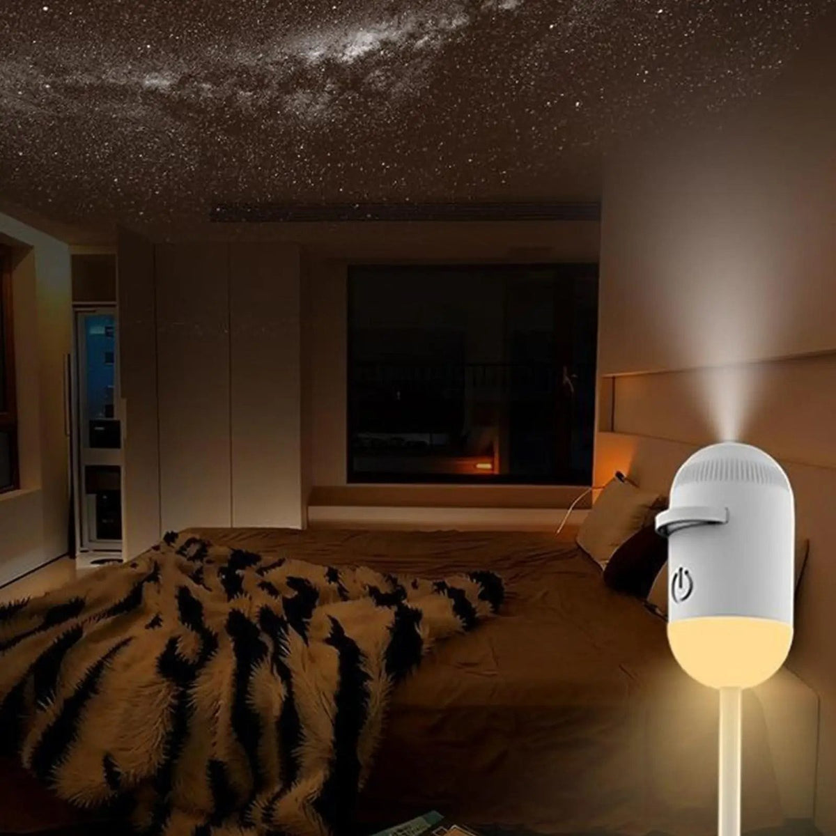 Galaxy Star Projector lighting up a bedroom ceiling with a starry night sky