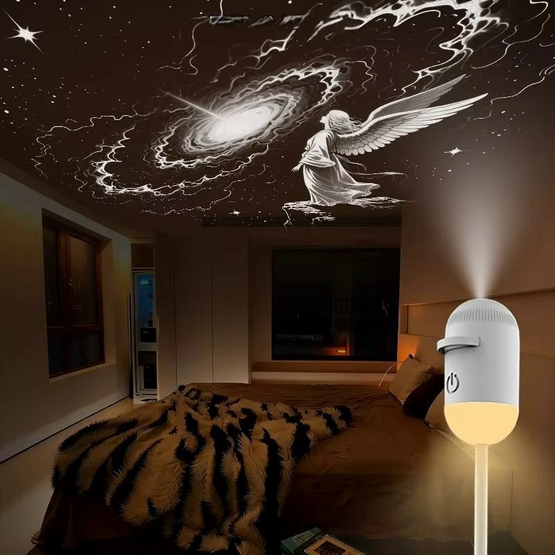 Nebula scene projected on bedroom ceiling by Galaxy Star Projector