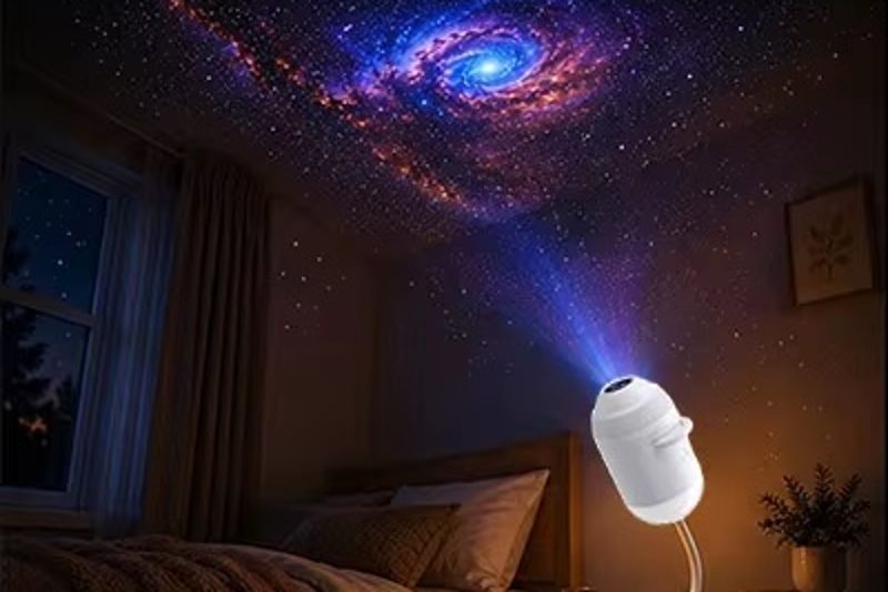 Spiral galaxy projection from the Galaxy Star Projector on a bedroom ceiling